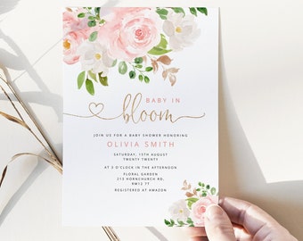 Baby in bloom Invitation template. Blush Pink gold Baby girl Shower Invitation. It's a Girl baby Shower Invitation. Corjl #fl1