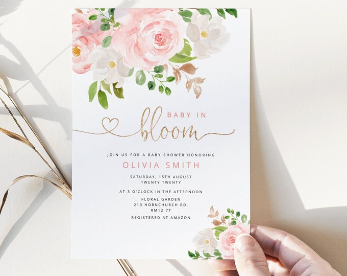 Baby in bloom Invitation template. Blush Pink gold Baby girl Shower Invitation. It's a Girl baby Shower Invitation. Corjl #fl1