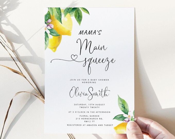 Mama's Main Squeeze Lemon Baby Shower Invitation. Lemon Baby Shower Invitation. Summer Themed Baby Shower Invitation. Instant download #lem1