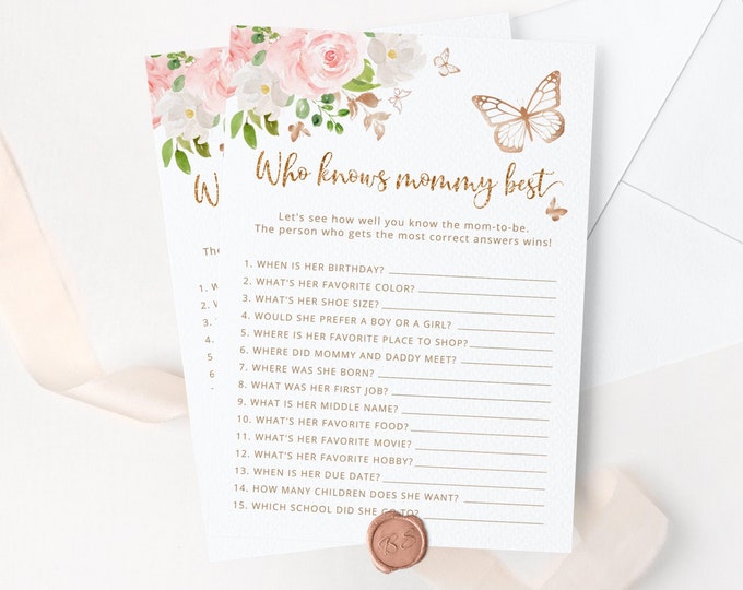 Butterfly Who Knows Mommy Best game. Printable blush pink baby shower game. Floral Baby Shower Game. Instant Download #05