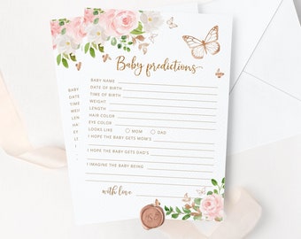 Butterfly Baby shower predictions card. Blush gold butterfly Baby predictions Card. Butterfly kisses baby shower games. Instant Download #05