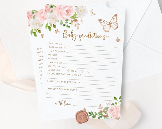 Butterfly Baby shower predictions card. Blush gold butterfly Baby predictions Card. Butterfly kisses baby shower games. Instant Download #05
