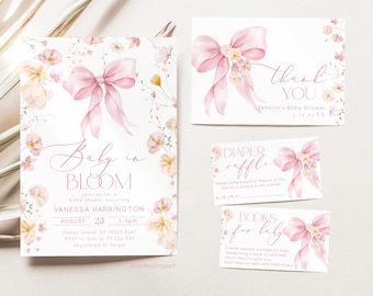 Floral Bow Baby in Bloom Baby Shower Invitation bundle. Editable Pink Bow Wildflower Baby girl Shower invitation bundle, Corjl #bow3