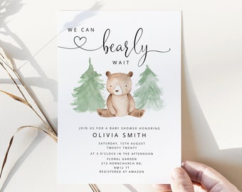 We can bearly wait Baby Shower Invitation. Editable woodland Baby Shower Invitation. Baby Boy Shower Invitation Bear Baby Shower Invite #w2