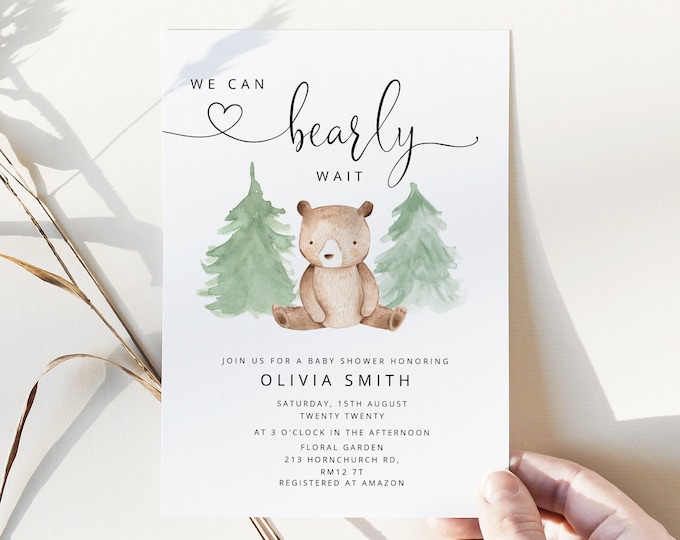 We can bearly wait Baby Shower Invitation. Editable woodland Baby Shower Invitation. Baby Boy Shower Invitation Bear Baby Shower Invite #w2