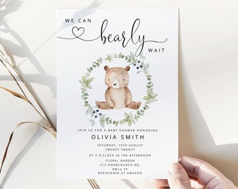 We can bearly wait Baby Shower Invitation. Editable woodland Baby Shower Invitation. Baby Boy Shower Invitation Bear Baby Shower Invite #w1