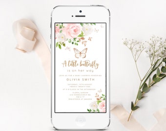 A little butterfly is on her way baby shower e-vite. Blush gold butterfly electronic invitation  #05