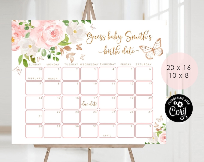 Butterfly Guess the due Date calendar. Blush gold Guess The Baby Birthday Game. Floral Baby Shower Due Date Prediction #05