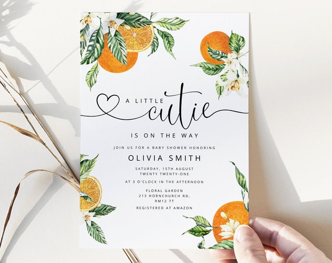 Editable A Little Cutie is on the way baby shower invitation. Oranges baby shower invitation. Gender neutral citrus invite #or1
