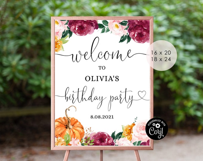 Little pumpkin birthday welcome sign.  Burgundy fall birthday party welcome sign. Corjl editable template #p2