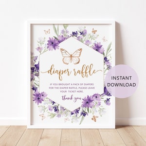 Vlinder luier loterij teken. Paarse bloemen luier loterij teken. Vlinderkusjes en babywensen baby shower decoratie Instant Download #06
