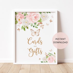Butterfly Cards and Gifts Sign in 2 Sizes. Blush gold Cards and Gifts Sign. Butterfly baby shower decoration Instant Download #05