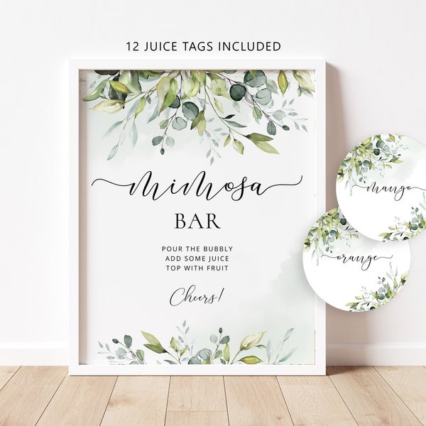 Greenery Mimosa Bar Sign, Mimosa Bar Printable, Bubbly Bar Sign. Eucalyptus Bridal Shower Decoration Signs, mimosa bar juice tags #01