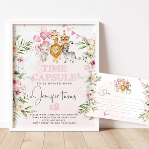 Safari Time Capsule Sign en berichtenkaart. Eerste verjaardag tijd capsule teken met bijpassende message card. Meisje safari verjaardag saf2