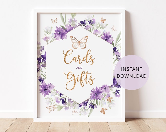 Butterfly Cards and Gifts Sign in 2 Sizes.  Purple, lavender Cards and Gifts Sign. Butterfly baby shower decoration Instant Download #06