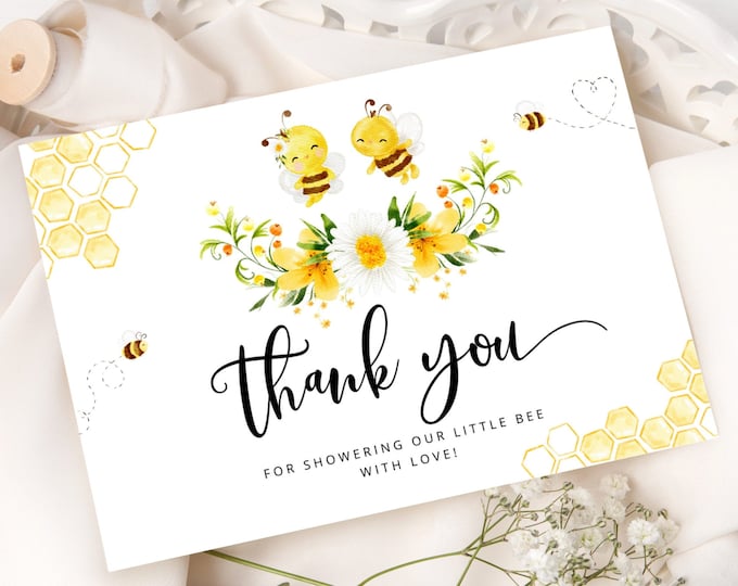 Bee Thank You Card Printable Template. Bee gender reveal thank you card. Bumble bee thank you card. Instant download #08