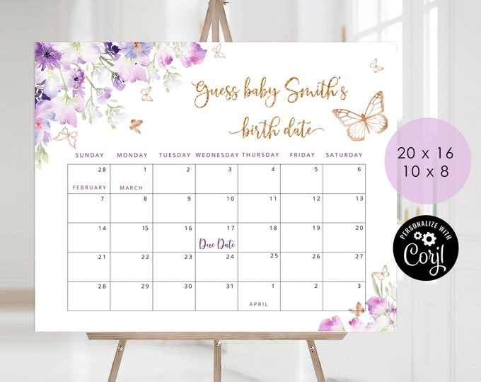 Butterfly Guess the due Date calendar. Lilac Guess The Baby Birthday Game. Floral purple Baby Shower Due Date Prediction #06