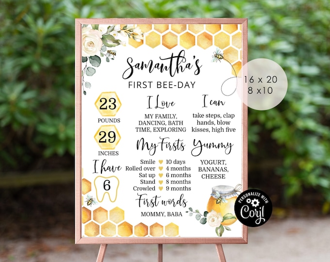 Bee Milestones Birthday board. Sweet to bee one Milestone poster. Sweet bee milestone sign. Corjl editable template #bee