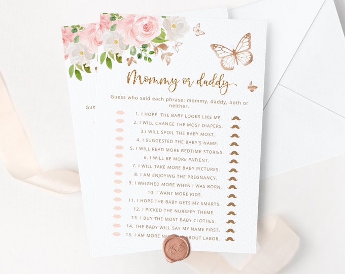 Butterfly Guess Who Said It Mommy or Daddy. Gold blush Baby Shower Games. Butterfly Mommy or Daddy Guess Who Baby Game Instant Download #05