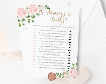 Floral Guess Who Said It Mommy or Daddy. Floral Baby Shower Games. Blush gold Mommy or Daddy Guess Who Baby Game Instant Download #fl1
