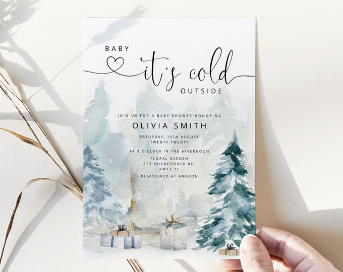 Baby it's cold outside baby shower invitation. Winter Baby Shower Invite. Rustic Pine Tree Winter Baby Shower #ad4