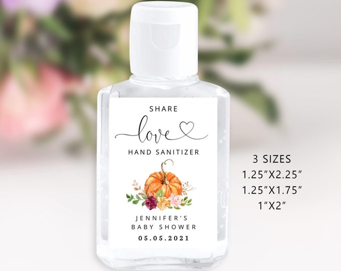 Fall Pumpkin hand sanitizer Label. Floral orange pumpkin baby shower hand sanitizer sticker template Corjl template #p2