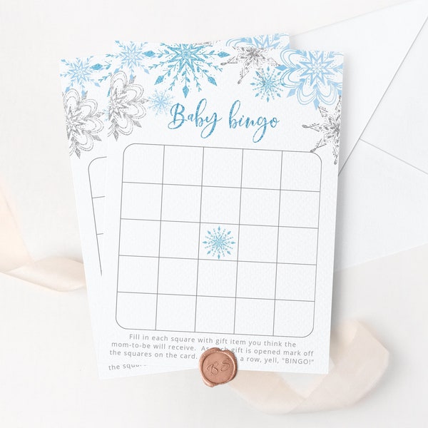 Winter Baby Shower Bingo Card. Winter Baby Shower games printable. Blue silver snowflakes baby bingo card. Instant Download #sn2