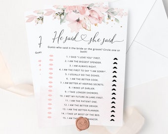 He said she said Bridal Shower Game, Printable Wedding Shower Games. Blush gold Bride or Groom Hen Party Games Instant Download #03