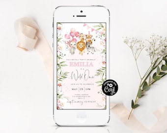 Pink Safari Wild One Birthday E-vite: Girl Jungle Animals (Corjl Editable template) #saf2