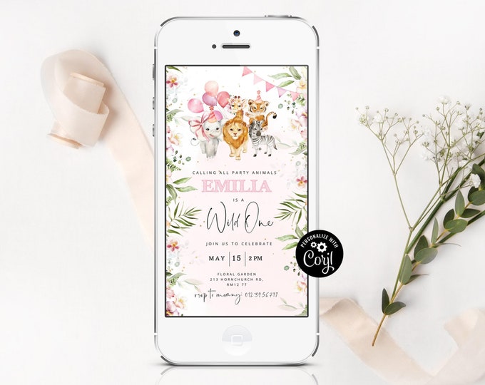 Safari wild one birthday e-vite. Girl pink jungle animals electronic invitation. Wild one 1st birthday e-vite #saf2