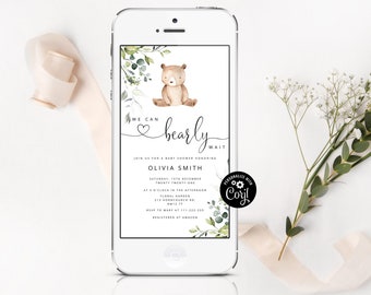 We can bearly wait baby shower e-vite. Greenery foliage bear electronic invitation  #w5