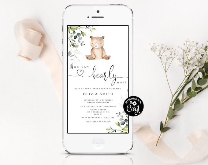 We can bearly wait baby shower e-vite. Greenery foliage bear electronic invitation  #w5