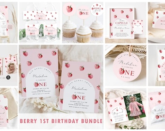 Berry first birthday bundle. Strawberry first birthday bundle. Corjl editable template #ber1