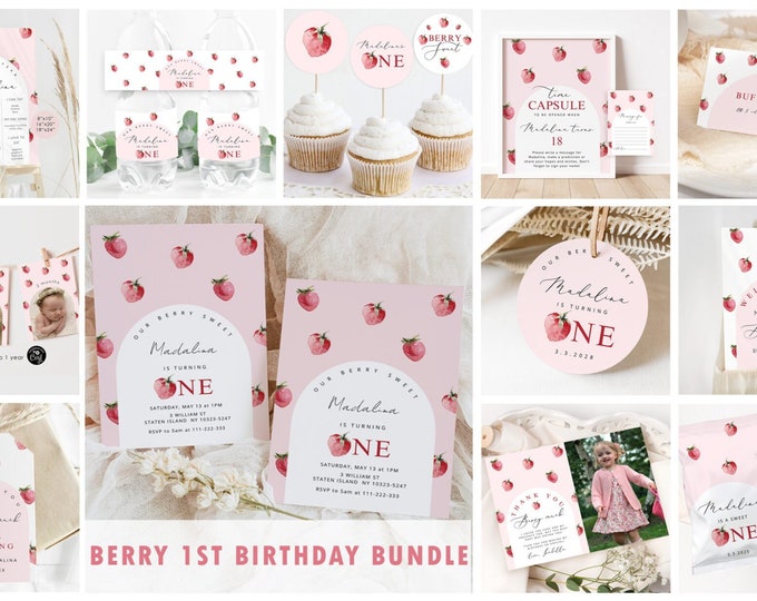 Berry first birthday bundle. Strawberry first birthday bundle. Corjl editable template #ber1