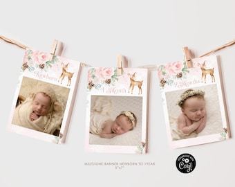 Winter deer milestone monthly photo banner. Onederful First year photo banner. Editableblush pink 1st birthday monthly banner Corjl  #wb6