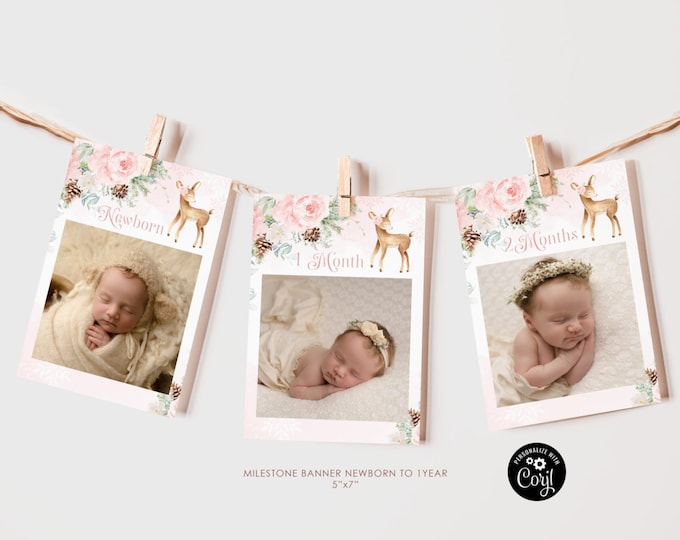 Winter deer milestone monthly photo banner. Onederful First year photo banner. Editable blush pink 1st birthday monthly banner Corjl  #wb6