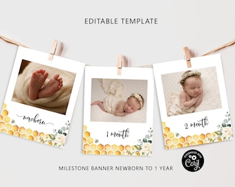 Bee milestone monthly photo banner.  Little honey bee First year photo banner. Editable bee 1st birthday monthly banner Corjl  #bee