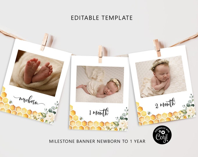 Bee milestone monthly photo banner.  Little honey bee First year photo banner. Editable bee 1st birthday monthly banner Corjl  #bee