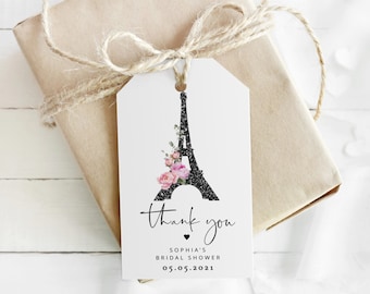 Eiffel tower bridal shower favor tag, Paris thank you tag. Editable minimalist parisian style bridal thank you tag Corjl template #par3