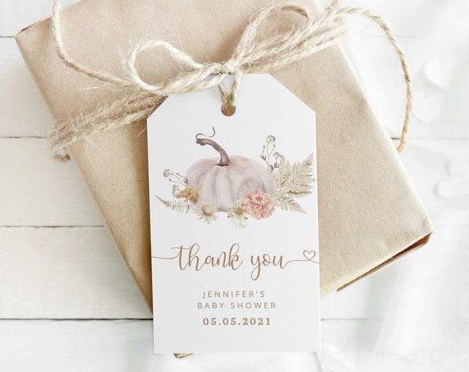 Boho pumpkin baby shower favor tag. Boho fall favor tag template. Gender neutral fall baby shower thank you tag. Corjl template #p8