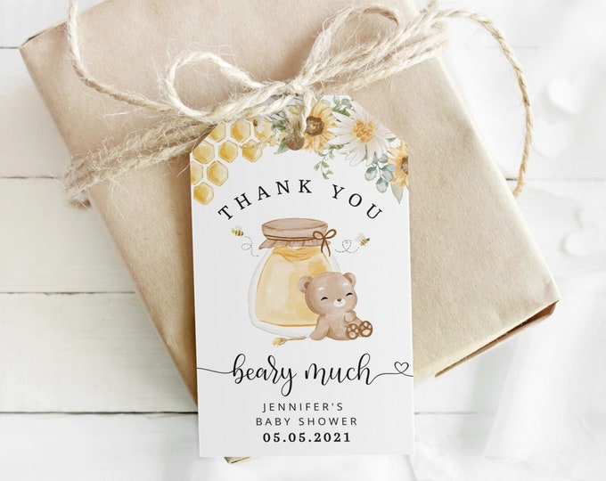 Thank you beary much tag. Honey bear favor tag template.  Editable Bear favor tag. Sunflower bee baby shower favor tag #hb1