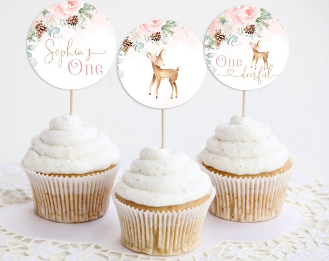 Winter deer Cupcake Toppers. Editable pink winter deer birthday cupcake toppers. Winter wonderland birthday cupcake toppers #wb6