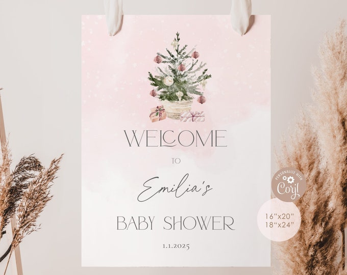 Pink Winter baby shower welcome sign. Blush pink christmas tree baby shower welcome sign #ad7