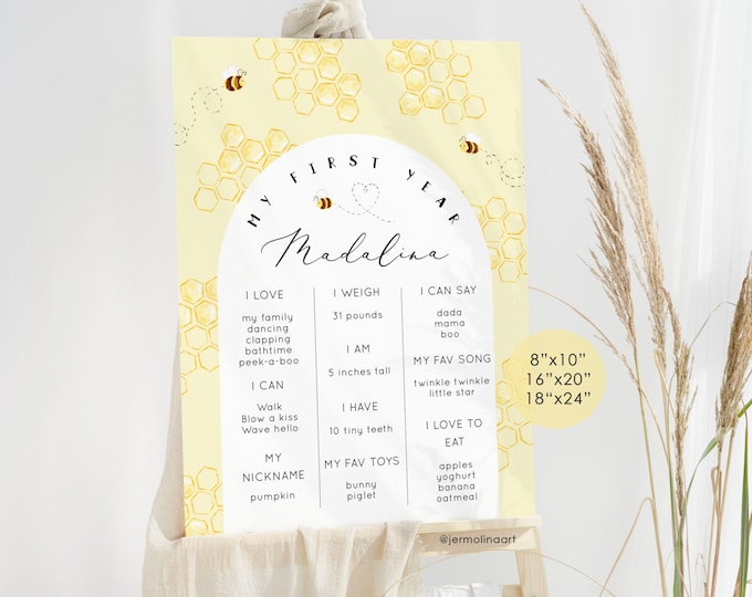 Bee Milestones Birthday board. Editable Sweet to bee one Milestone poster. Bumbe bee milestone poster. Corjl editable template #be1