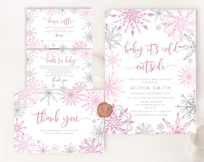 Baby its cold outside Baby Shower Invitation bundle. Pink silver snowflakes baby shower invitation bundle #sn1