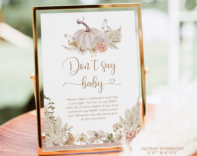 Boho Pumpkin Don't say baby game sign. BohoFloral Pumpkin Dont say baby sign. Instant Download #p8