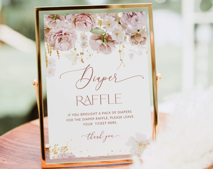 Garden flowers diaper raffle sign. Boho gold diaper raffle sign. Gender neutral Garden baby shower decoration. Instant Download #gar1