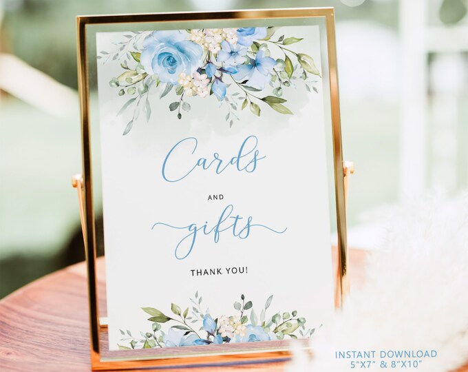 Blue Floral Cards and Gifts Sign in 2 Sizes. Eucalyptus Cards and gifts sign. Elegant blue floral cards and gifts #fl3
