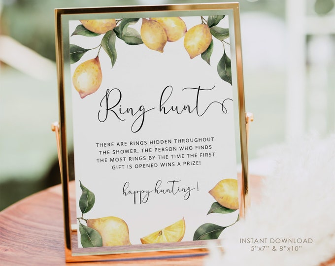 Lemon Ring Hunt Game. Citrus Ring Hunt Sign. Elegant lemons Bridal Shower Game. Instant Download #lm1