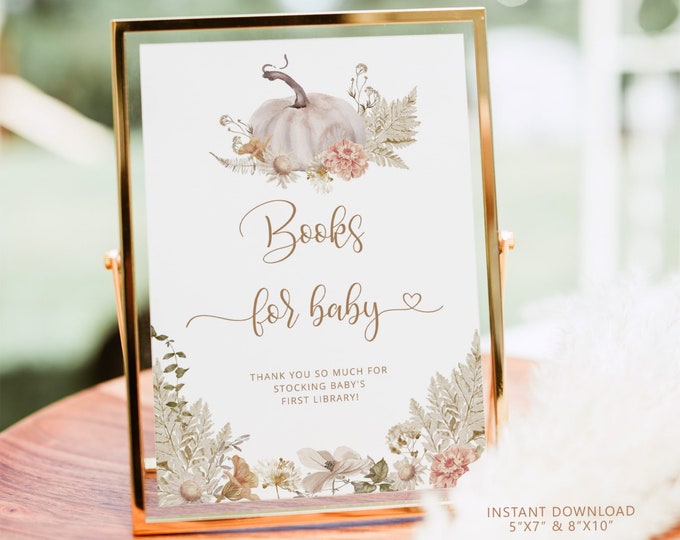 Pumpkin Books for Baby sign. Boho Baby Shower Book Request Card, Fall Book Request sign, Bring A Book Instead of a card  #p8